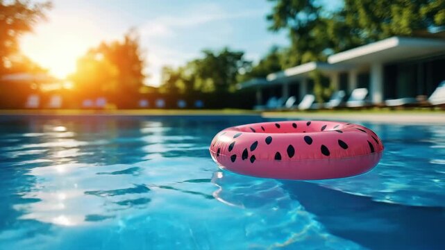 Pink watermelon float in clear blue pool with sunlit background