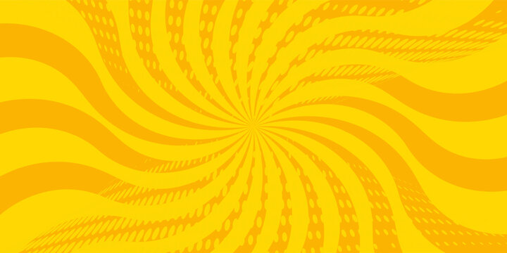 Abstract orange comic background. Art pop cartoon backdrop. Halftone effect pattern. Fun anime texture. Starburst manga style bg. Mark popart radial gradient. Spiral, swirl, comic rays