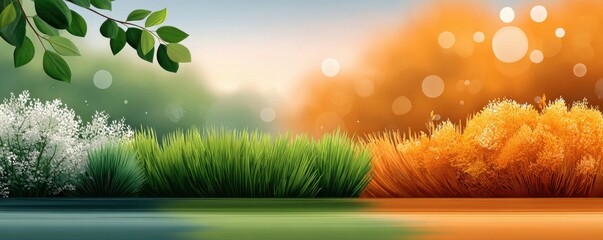 Naklejka premium Sunlight shining through grass with bokeh blurred background and autumn-spring foliage reflection