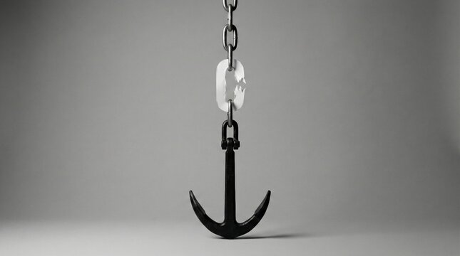 Heavy metal anchor hanging from a chain with one weak link made of torn paper