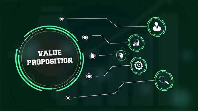 Developing a strong value proposition for market competitiveness visualized on a digital interface with icons of professional strategy and growth