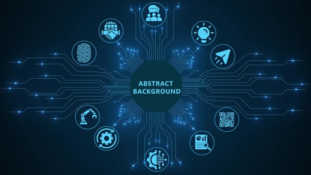 Futuristic Digital Technology Abstract Background with Connectivity Icons for Artificial Intelligence, Automation, and Global Business Communication Networks