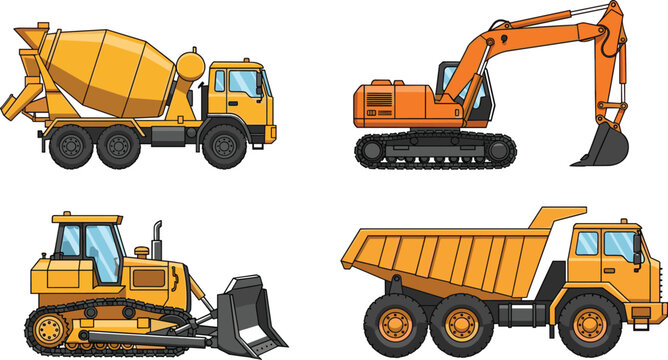 Professional Construction Machinery Illustration Set Featuring Yellow Cement Mixer, Excavator, Bulldozer, and Dump Truck for Industrial and Infrastructure Graphic DesignsProfessional Construction Mach
