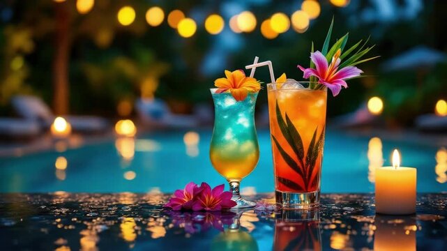 Colorful tropical cocktails by poolside with candlelight and flowers