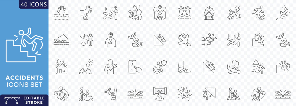 Accidents icon set. Outline Icon Collection. Fully Editable. Vector illustration.