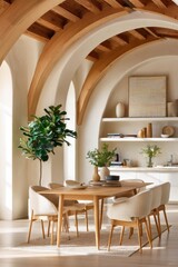 Fototapeta premium Light-filled dining room with arched wooden ceiling, curved beams and natural minimalist decor