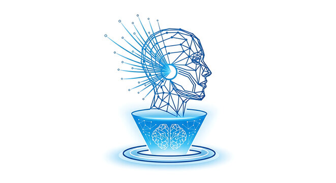 Wireframe head above a funnel with a brain inside representing artificial intelligence concepts ai generated