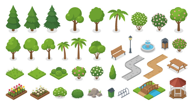 Isometric trees bushes and park elements vector illustration