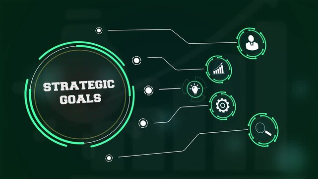 Setting strategic goals for long term business advancement shown on a digital interface with futuristic icons of professional leadership and vision