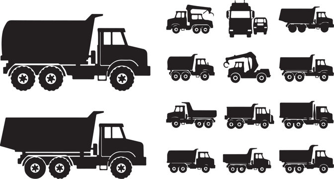 Set of industrial dump truck and tipper vehicle icons