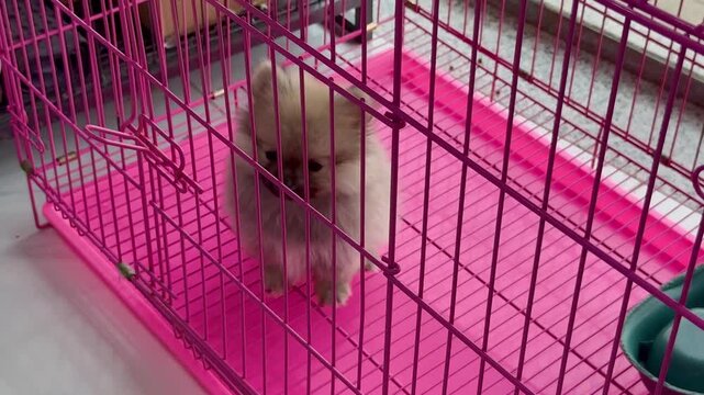 Small Pomeranian puppy standing in a pink pet crate