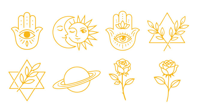 Boho Line Art Spiritual Symbols with Hamsa, Sun Moon and Floral Tattoo Elements