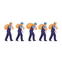 Obraz premium Five Movers Carrying Large Orange Sacks in a Line