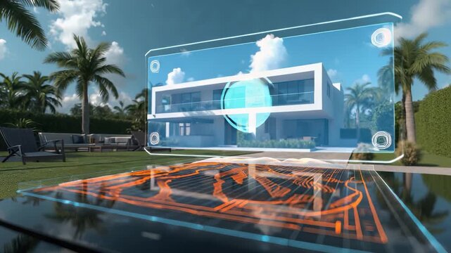 Smart luxury poolside villa with holographic home control interface, digital energy network and tropical outdoor living design