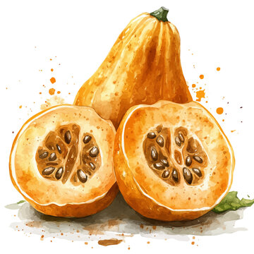 Orange Squash, elegant watercolor illustration luminous highlights, isolated on a white background.