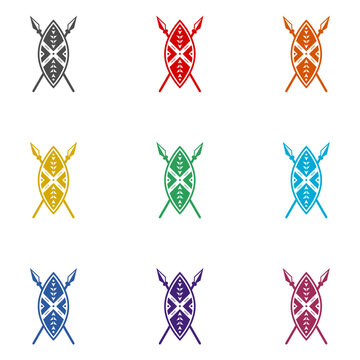 African shield and spears icon isolated on white background. Set icons colorful