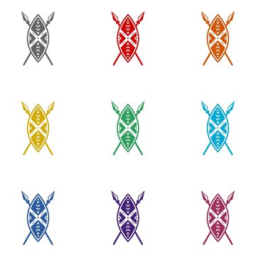 African shield and spears icon isolated on white background. Set icons colorful