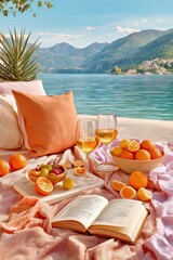 Fototapeta premium Romantic picnic by Lake Como shore with wine, oranges, book and cozy cushions