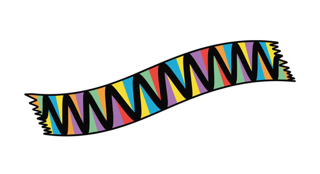 Long winter scarf featuring vibrant rainbow stripes and a bold black zig-zag pattern over it is clearly illustrated.