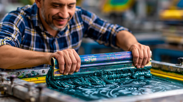 Textile screen printing worker pulling squeegee across fabric on flat press table, vivid teal ink spreading over floral stencil, registration marks visible, ideal for fabric printing, artisan textil