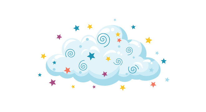 Cute white fluffy cloud decorated with colorful stars and blue spiral patterns floating on a white background in a whimsical style.
