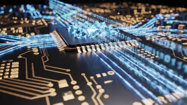 Futuristic circuit board with glowing blue energy pulses and crystalline microchips