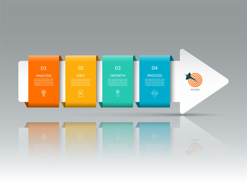 Infographic template with 4 steps. Business growth concept designed as a right-facing arrow with four color blocks with copy space. Can be used for web design, timeline, diagram, chart, presentation.
