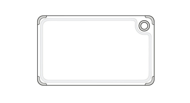 Simple white rectangular cutting board with a circular hanging hole and grey trim, shown from a top-down perspective on white.