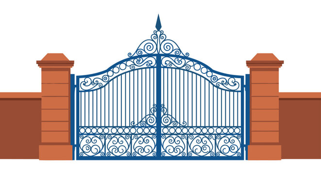 Ornate blue wrought iron gate standing between two red brick pillars, featuring classical decorative scrolls and a central spire.