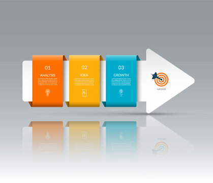 Infographic template with 3 steps. Business growth concept designed as a right-facing arrow with three color blocks with copy space. Can be used for web design, timeline, diagram, chart, presentation.