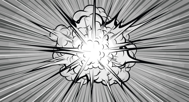 Dramatic black and white comic book style explosion with radial speed lines and puffing smoke clouds, depicting a powerful blast.
