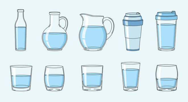 Selection of transparent glass and plastic containers, like bottles and jugs, filled with fresh drinking water on a light blue base.