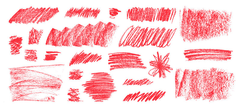 Crayon handdrawn bright red scribble doodle highlights. Textured pencil scratch stroke background. Pastel star, stripes, sketchy brush shapes, swooshes, thick swipe underlines. Grunge grain texture bg