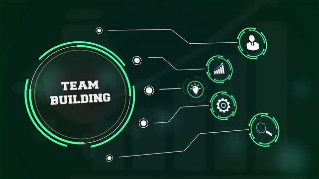 Modern organizational team building and employee engagement displayed on a glowing screen with icons representing research and creative project solutions