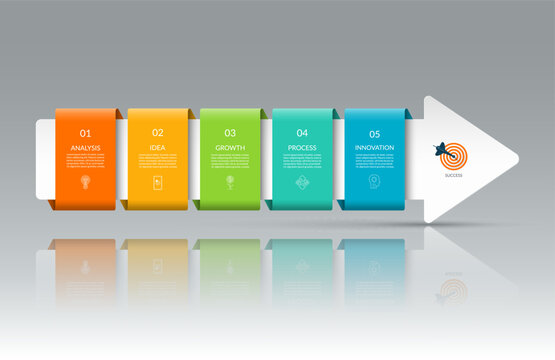 Infographic template with 5 steps. Business growth concept designed as a right-facing arrow with five color blocks with copy space. Can be used for web design, timeline, diagram, chart, presentation.