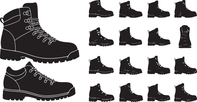 Set of black hiking and work boot vector icons with footwear