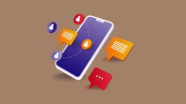 A smartphone displays social media notifications on screen with various colorful chat bubbles floating around it in digital space.