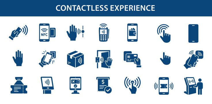Contactless Experience Solid Icon Set, Touchless Technology and Digital Interaction Icons for Mobile Payment, QR Code, NFC, Self Service, Smart Devices and Automation UI UX Interface