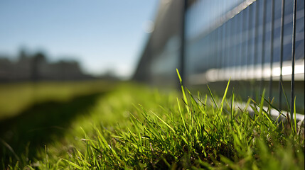 Fototapeta premium Vibrant green grass close-up with morning light, blurred distant architecture, and a modern fence creating a fresh outdoor minimalist scene