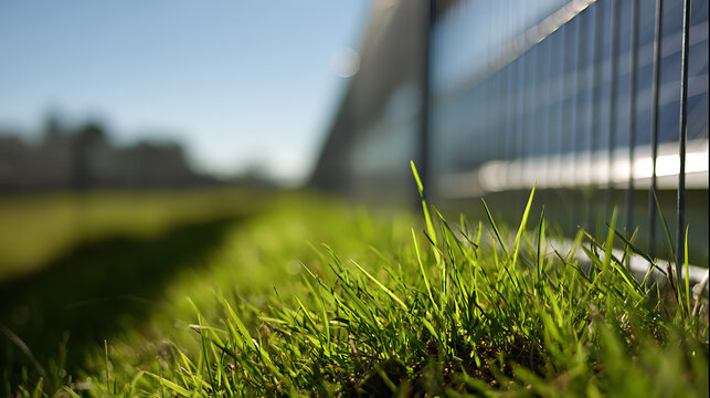 Vibrant green grass close-up with morning light, blurred distant architecture, and a modern fence creating a fresh outdoor minimalist scene