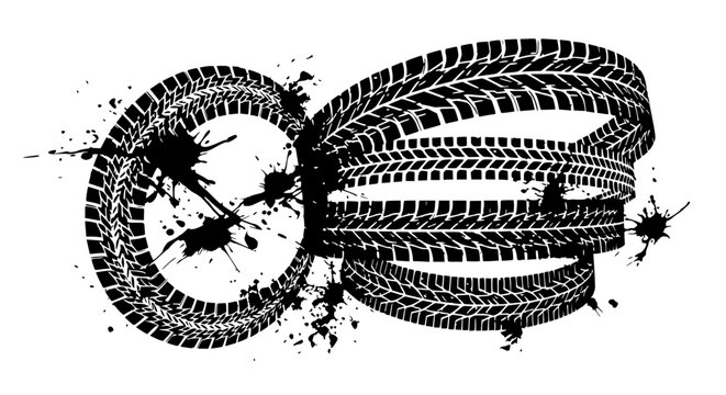 Infinity tire tracks with black ink splashes, grunge, abstract, dynamic