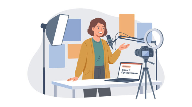 Video Presenter In Studio Recording Setup For Live Stream.