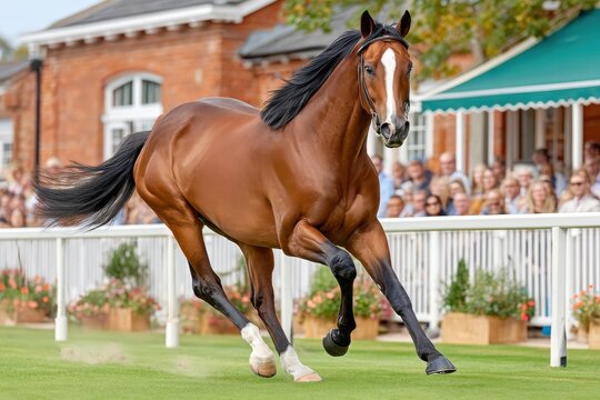 Beautiful bay racehorse galloping on grass racetrack past cheering crowd at a summer equestrian event