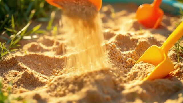 Bright orange toy shovels in sunny sandbox with sandy piles and green grass