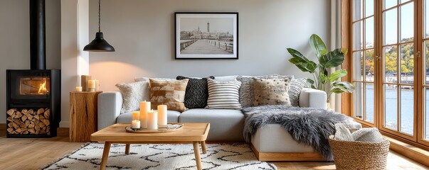 Obraz premium Cozy Scandinavian living room with wood-burning stove, soft sofa, candles and lake view