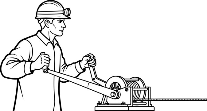 Construction worker operating manual pipe bender machine outline vector isolated white background design