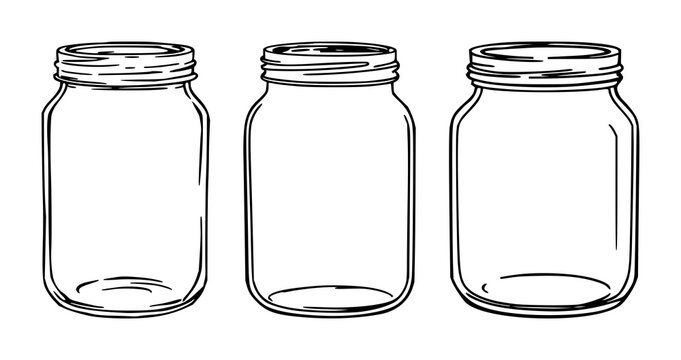 Glass jar set with screw-top design featuring empty, transparent, beverage with food and storage