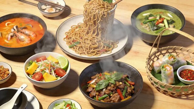 Assortment of Authentic Thai Cuisine Dishes on Wooden Table with Tom Yum, Green Curry and Stir-fried Noodles