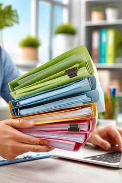 Business paperwork and colorful file folders held over a laptop in a modern office