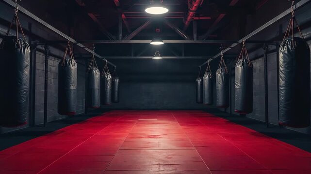 Empty martial arts gym with red training mats, hanging punching bags, dark ceiling lights and modern combat sports facility interior